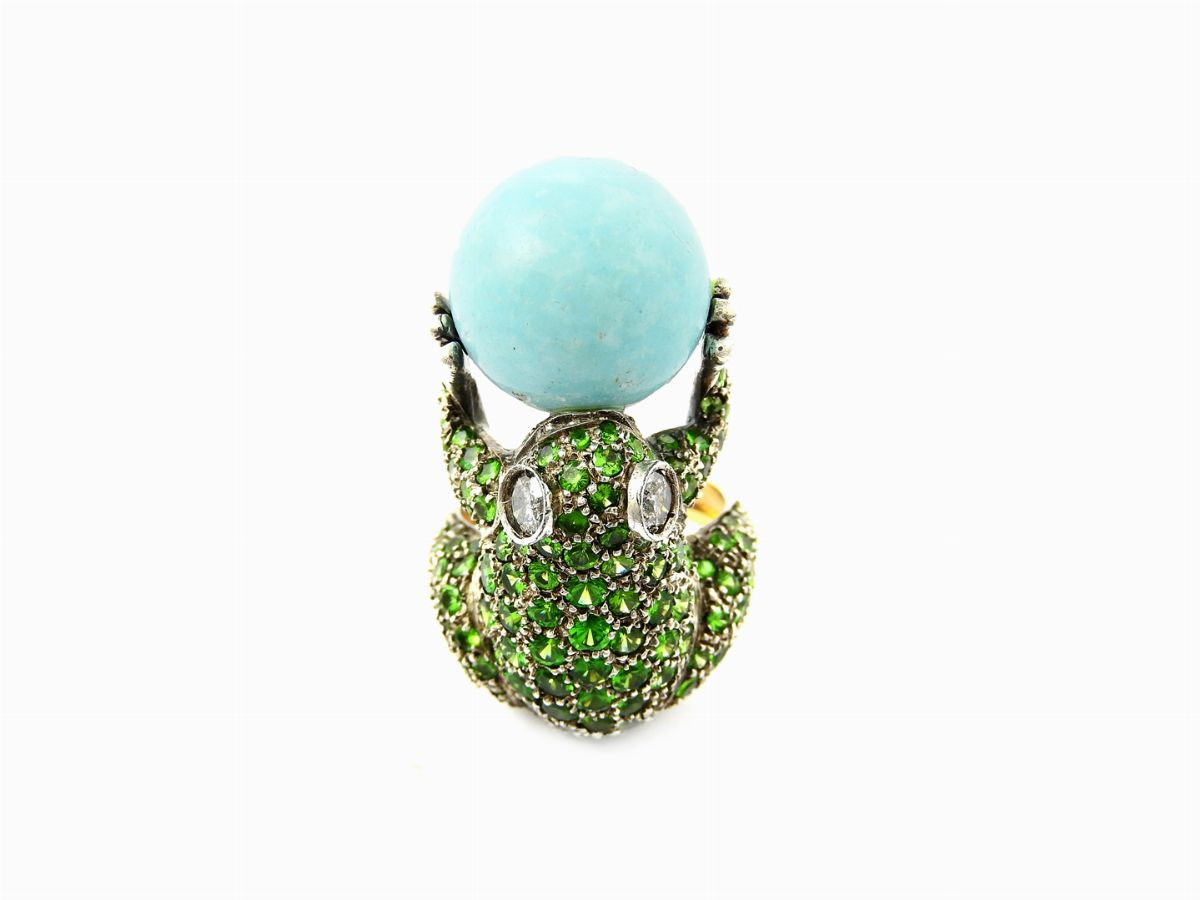 Anello Animalier in Oro Giallo 585/1000, Argento, Diamanti, Granati Tsavorite e Turchese