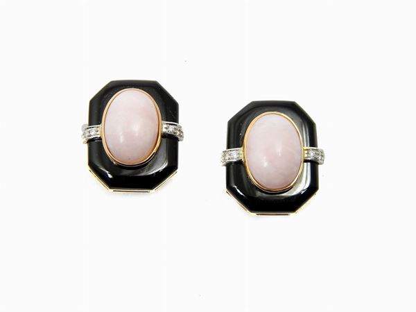 White and pink gold earrings with diamonds, onyx and pink opal