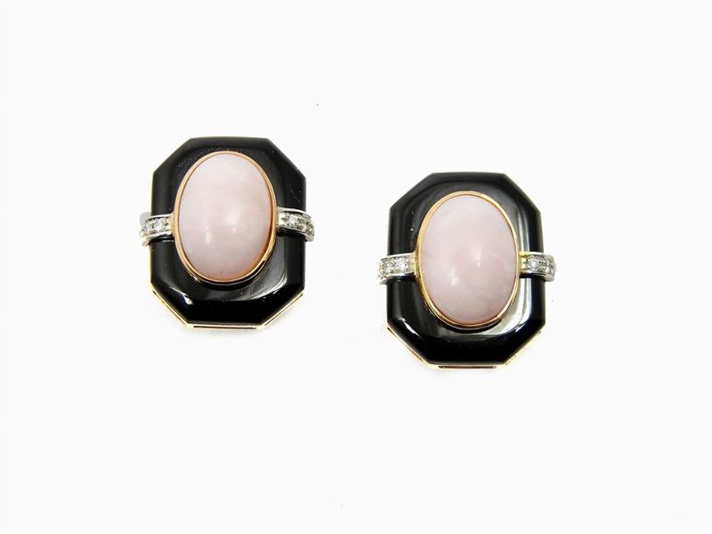 Orecchini in Oro Rosa e Bianco, Diamanti, Onice e Opale Rosa