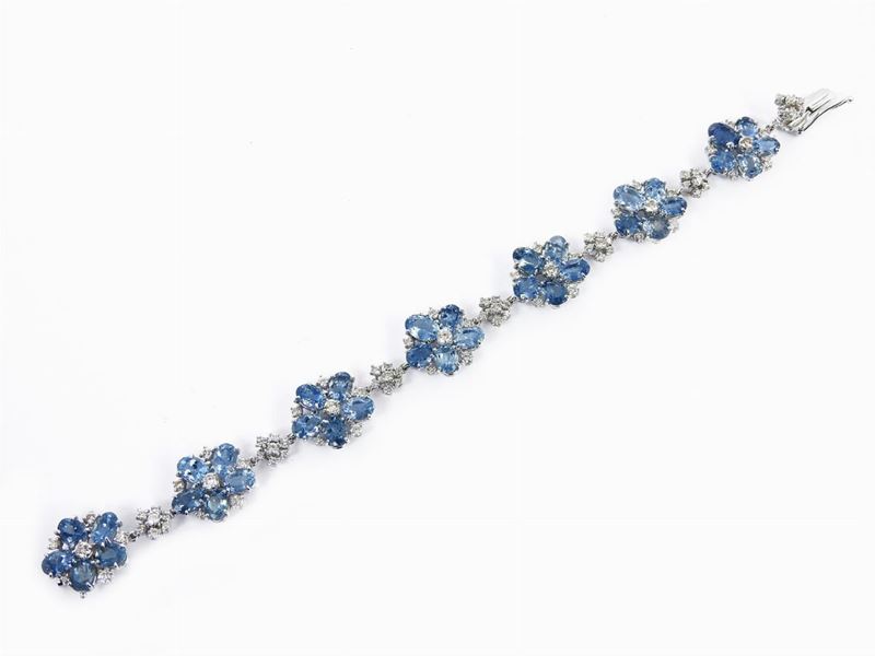 Bracciale in Oro Bianco, Diamanti e Acquemarine