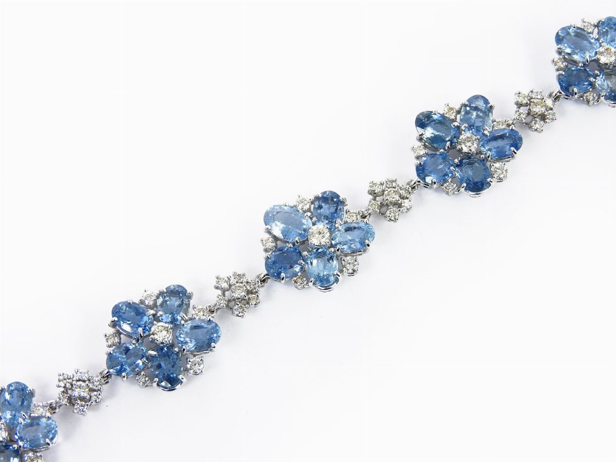 Bracciale in Oro Bianco, Diamanti e Acquemarine