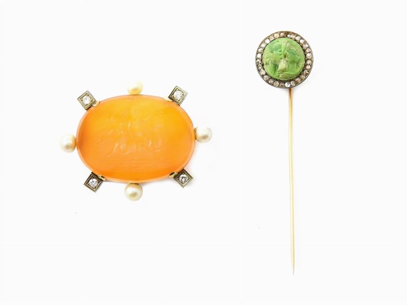 Due Spille in Oro Giallo e Argento con Diamanti, Perle, Turchese e Corniola Lavorati