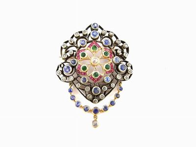 Spilla in Oro Giallo e Argento con Diamanti, Zaffiri, Rubini e Smeraldi