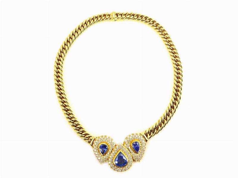 Collier in Oro Giallo Tesa con Diamanti e Zaffiri