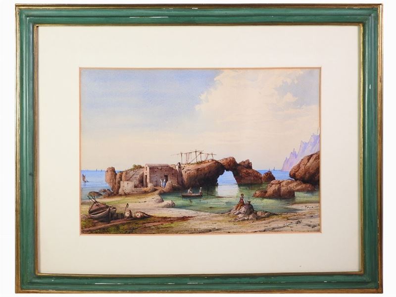 Achille Carelli - Paesaggio Marino con Personaggi