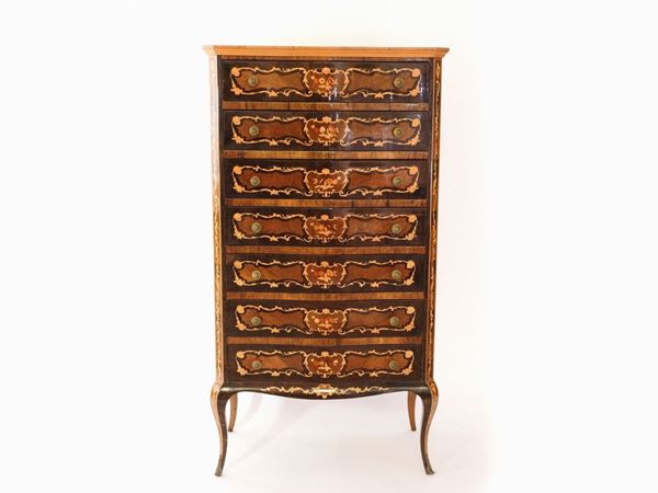 A Walnut, Burr, Cherrywood and Other Woods Veneered Chest of Drawers
