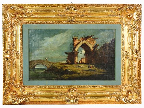 Seguace di Francesco Guardi del XIX secolo - Capriccio architettonico con figure