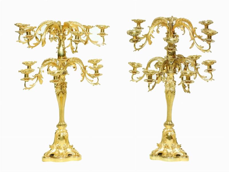 Coppia di Grandi Candelabri in Metallo Dorato