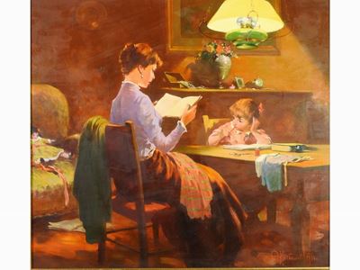 Veduta D'interno con Figura Femminile e Bambina