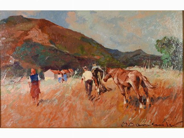 Carlo Domenici - Scorcio campestre con contadini e cavalli