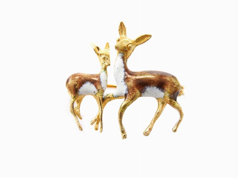 Spilla Animalier in Oro Giallo e Smalti Policromi