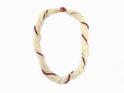 Demi Parure Collana e Bracciale in Microperle e Rubini con Fermezze in Oro Giallo e Rubini