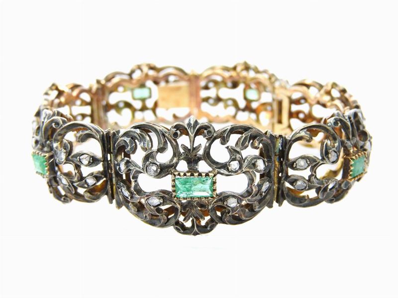 Bracciale in Oro Giallo e Argento con Diamanti e Smeraldi