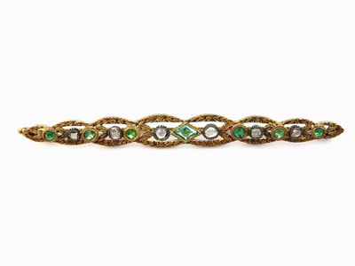 Spilla a Barretta in Oro Giallo a Bassa Lega e Argento con Diamanti e Smeraldi