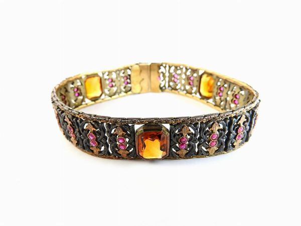 Yellow gold and silver bracelet with rubies and citrine quartzes