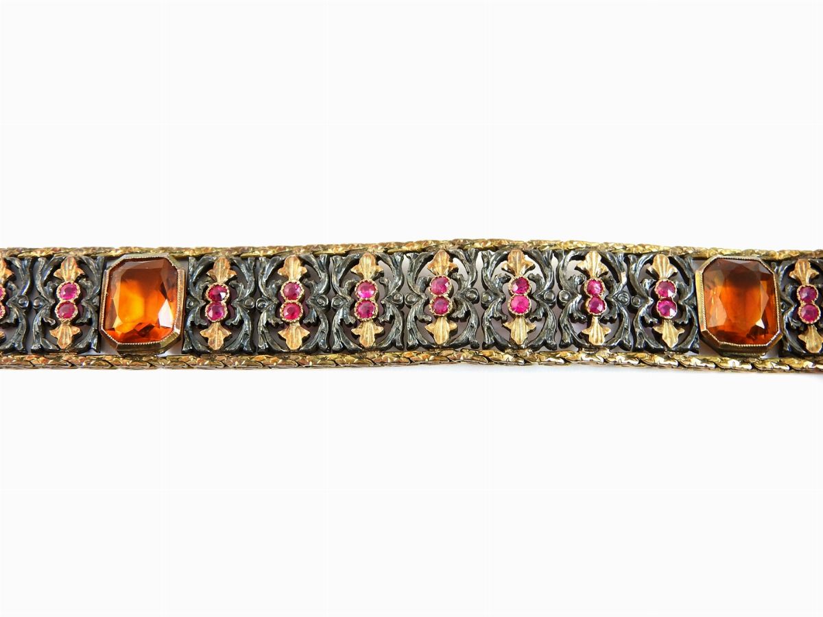 Bracciale in Oro Giallo e Argento con Rubini e Quarzi Citrini