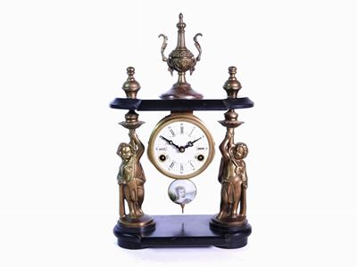 Orologio da Camino in Metallo Dorato e Marmo Nero