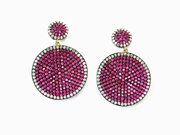 14KT yellow and white gold earrings with diamonds and rubies