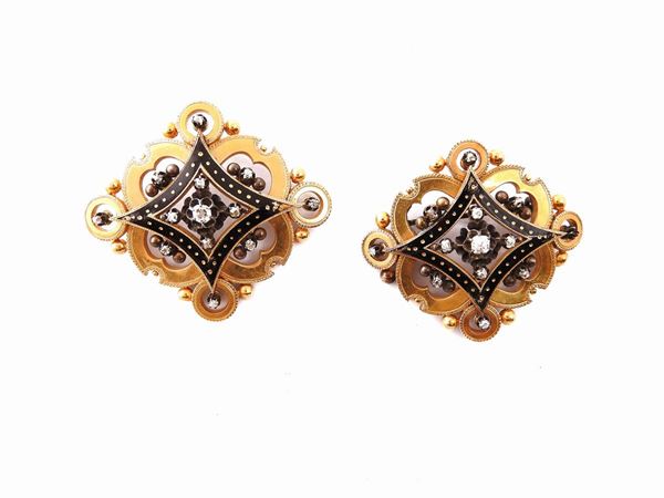 Pair of yellow gold  brooches with enamel and diamonds