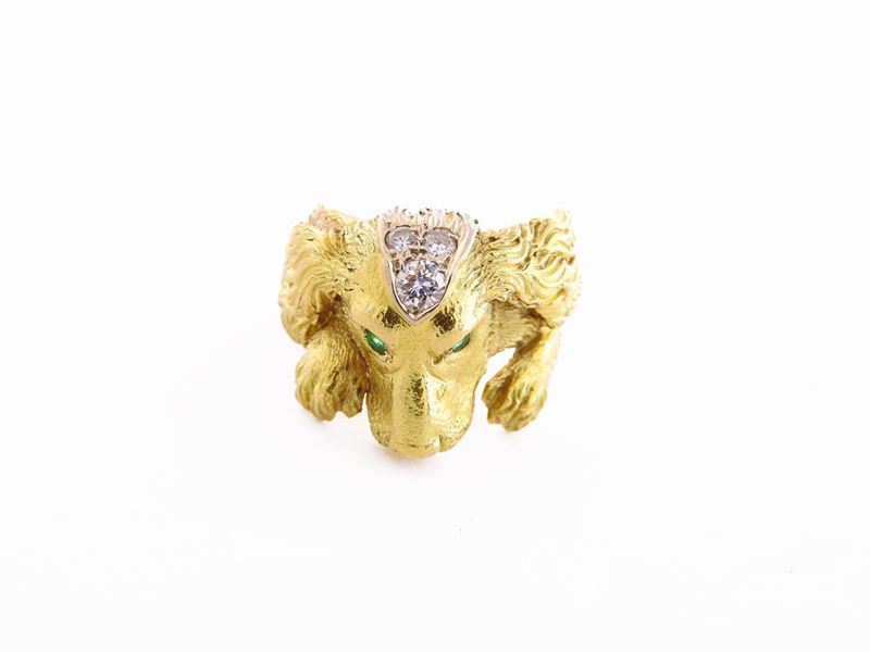 Anello Animalier in Oro Giallo, Diamanti e Smeraldi