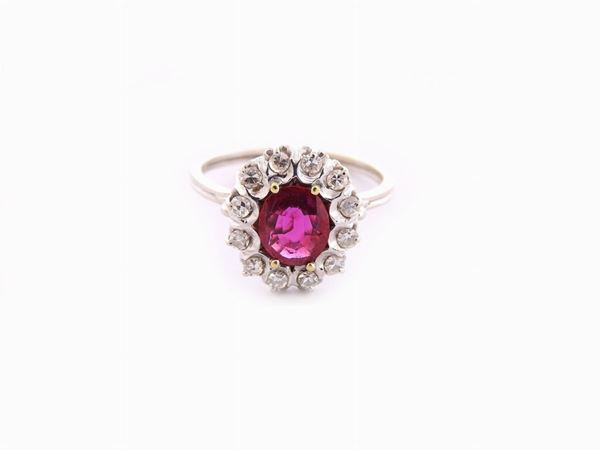 White gold daisy ring with diamonds and ruby