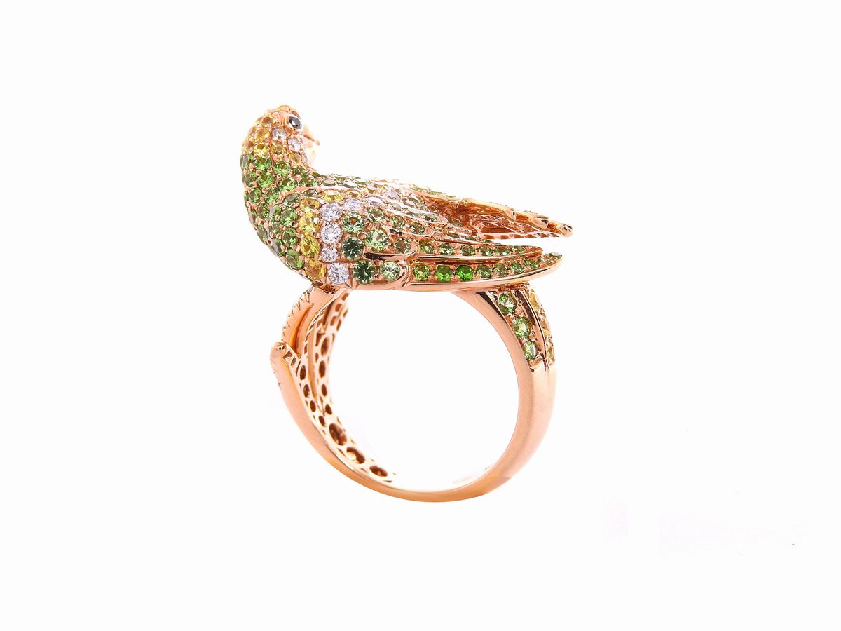 Anello Animalier in Oro Rosa, Diamanti, Zaffiri Gialli e Granati Tsavorite con Orecchini in Parur...
