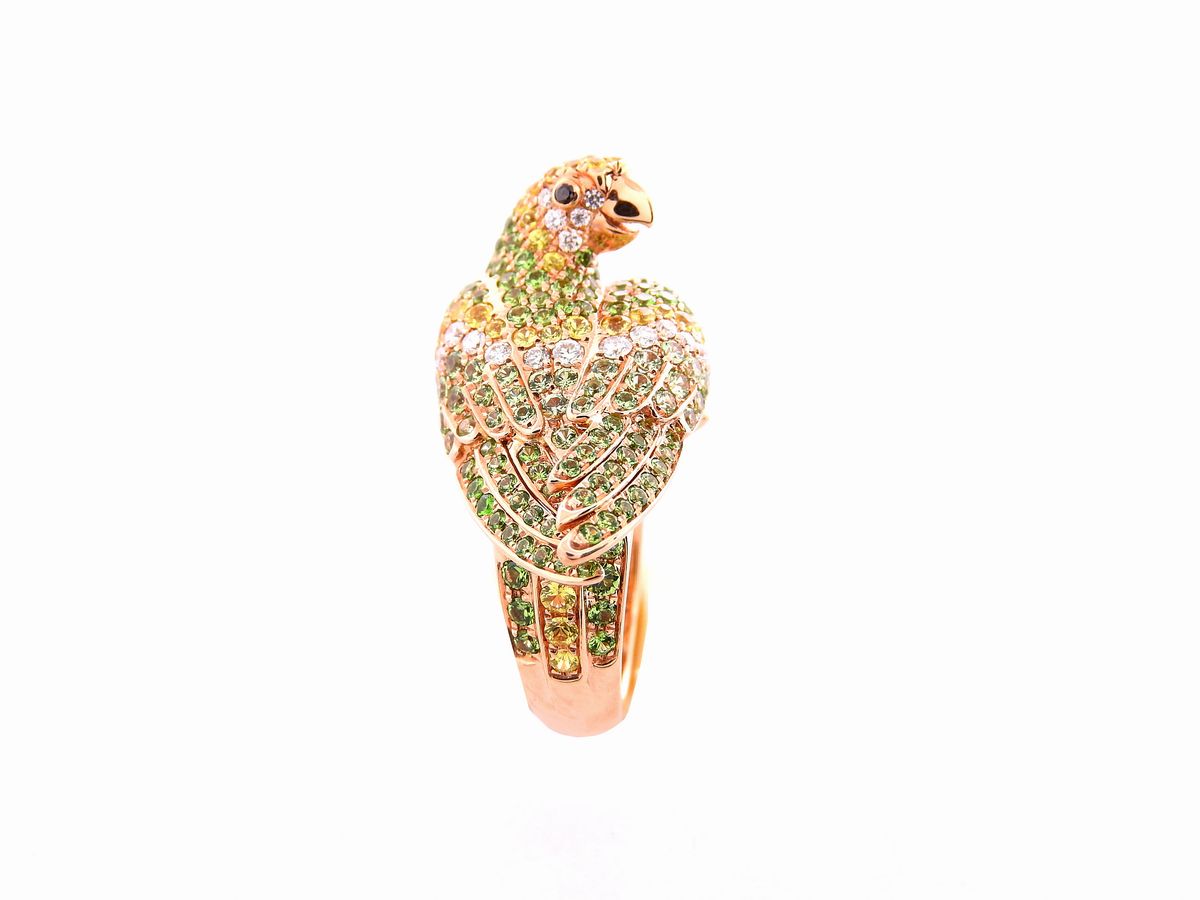 Anello Animalier in Oro Rosa, Diamanti, Zaffiri Gialli e Granati Tsavorite con Orecchini in Parur...