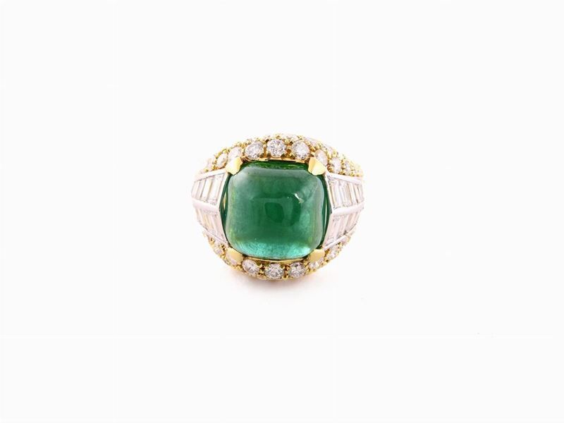 Anello Trombino in Oro Giallo e Bianco con Diamanti e Smeraldo