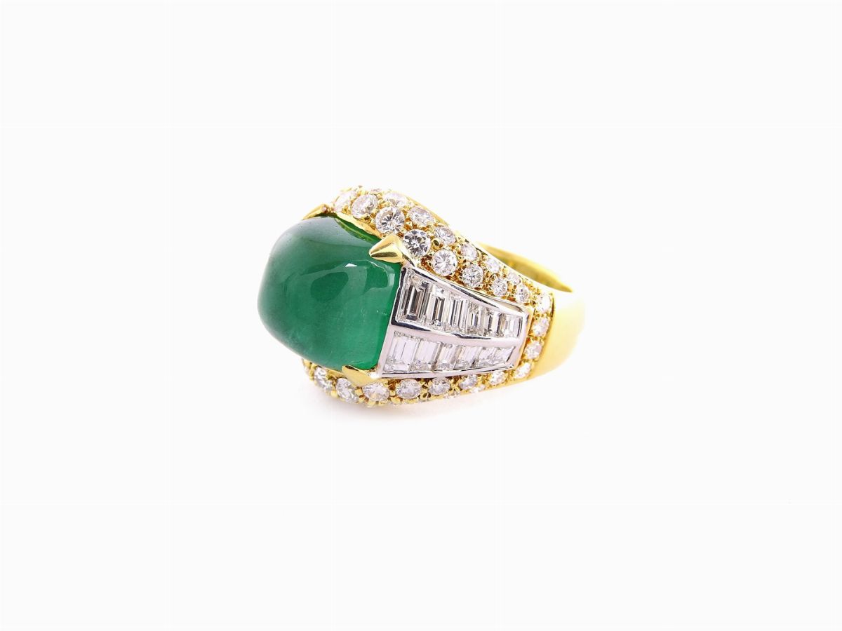 Anello Trombino in Oro Giallo e Bianco con Diamanti e Smeraldo