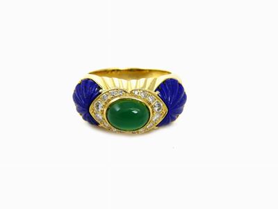 Anello in Oro Giallo, Diamanti, Lapislazzuli e Onice Verde