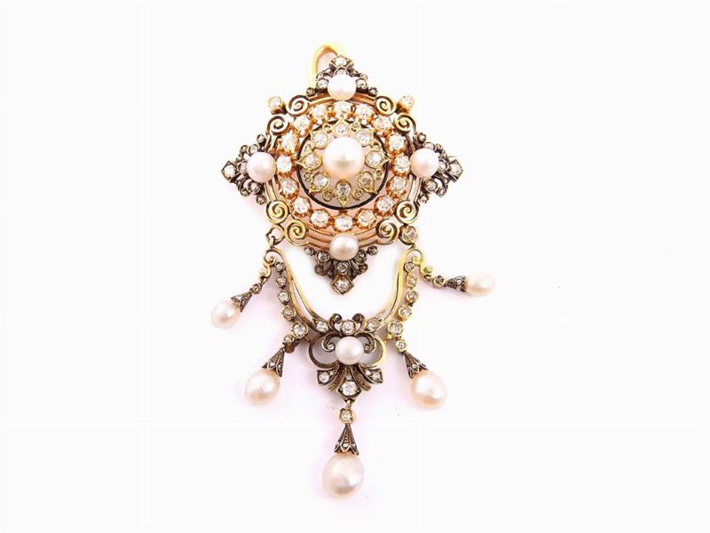 Spilla Pendente in Oro Giallo, Smalti, Diamanti e Perle Naturali