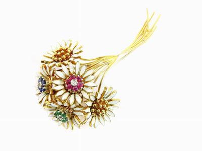 Demi Parure Spilla e Orecchini in Oro Giallo, Smalti, Diamanti, Rubini, Zaffiri e Smeraldi