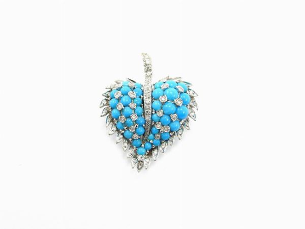 White gold brooch with diamonds and turquoises