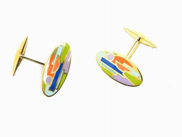 Yellow gold Alessandro Mendini cuff links for Cleto Munari with multicoloured enamels