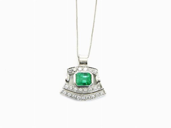 White gold box links chain and pendant with diamonds and emerald