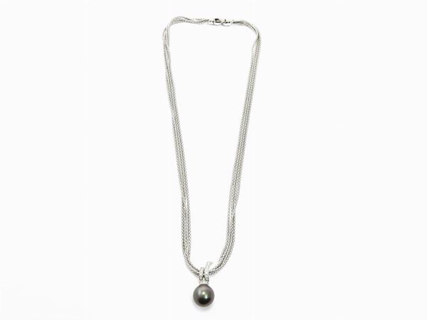 Four mirror links chains white gold necklace and pendant with diamonds and Tahiti cultured pearl
