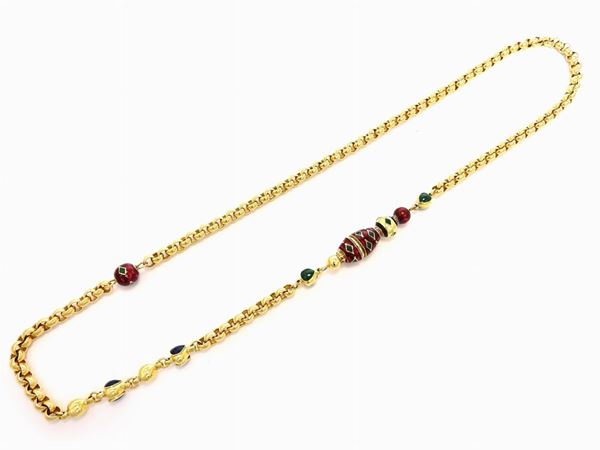 Yellow gold rolò links Nouvelle Bague necklace with multicoloured enamels