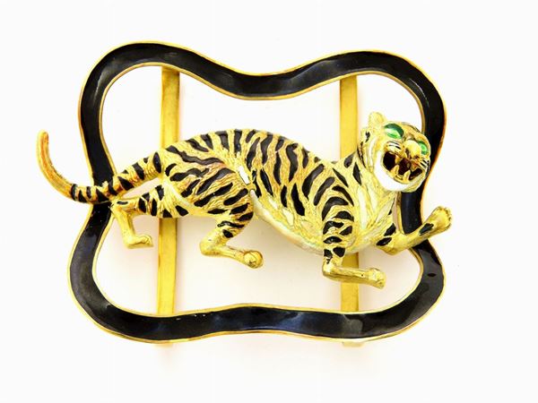 Yellow gold animalier-shaped buckle with multicoloured enamels