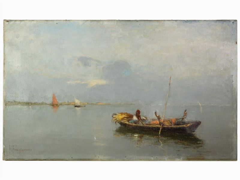 Pietro Fragiacomo - Laguna Veneziana con Barche e Pescatori
