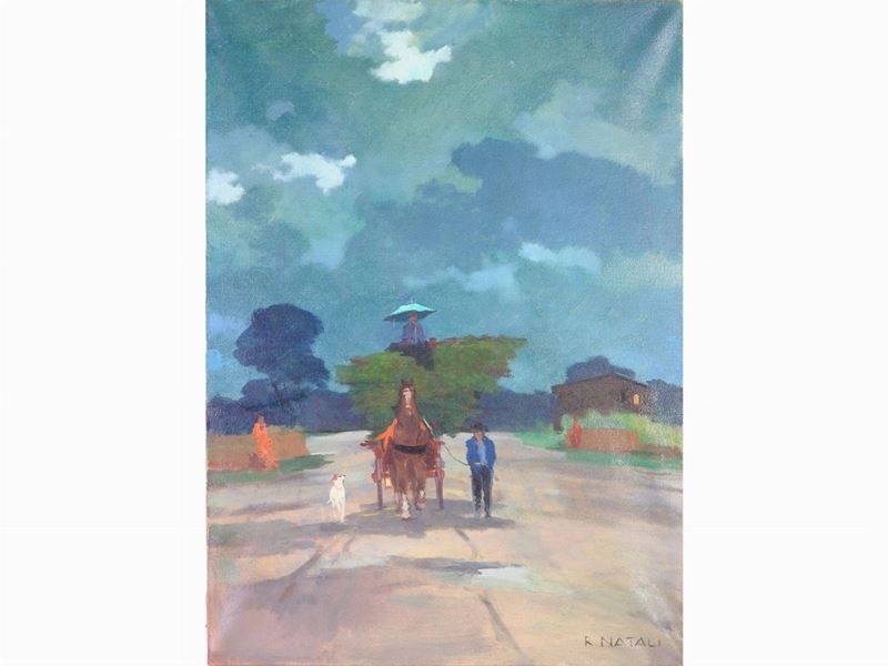 Renato Natali - Scorcio di Strada con Carro e Figure