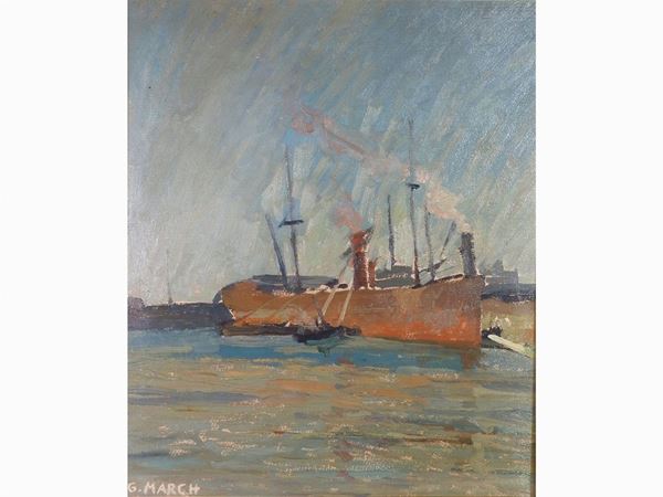 Giovanni March : Seascape with Ship  ((1894-1974))  - Auction The Riz Ortolani and Katyna Ranieri collection: Contemporary Art and Old Master Painting - I - I - Maison Bibelot - Casa d'Aste Firenze - Milano