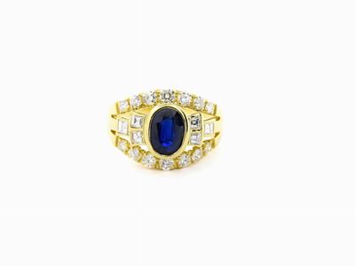 Anello a Fascia in Oro Giallo, Diamanti e Zaffiro