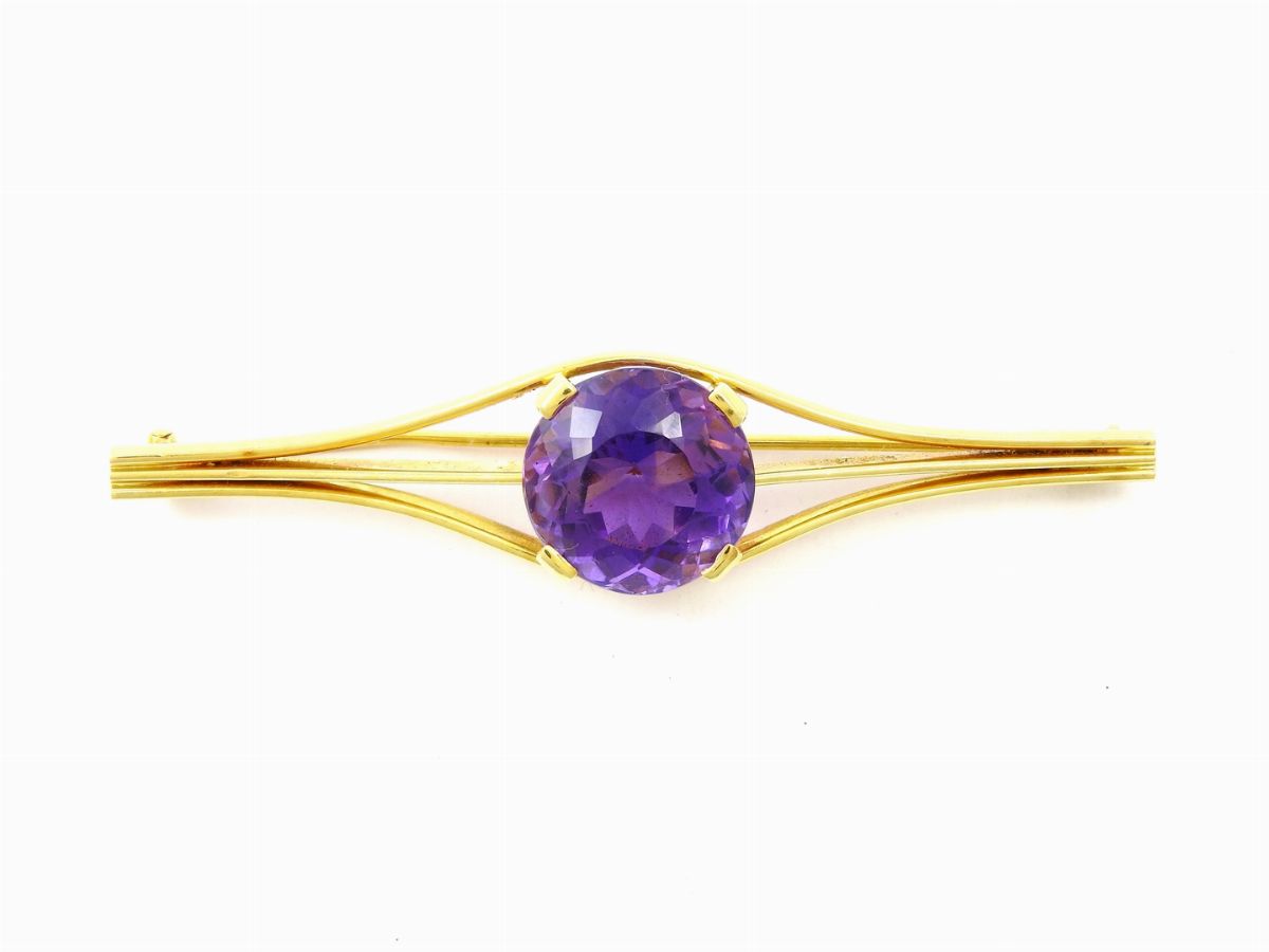 Spilla e Anello in Oro Giallo e Quarzi Ametista