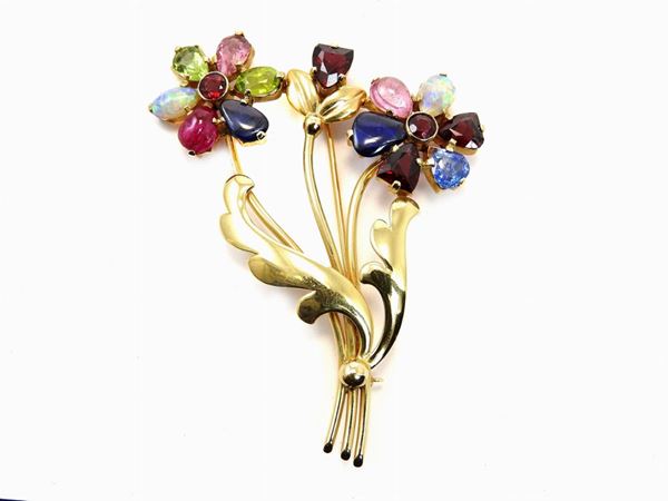 14KT yellow gold Tiffany brooch with sapphires, rubies, opals and other stones