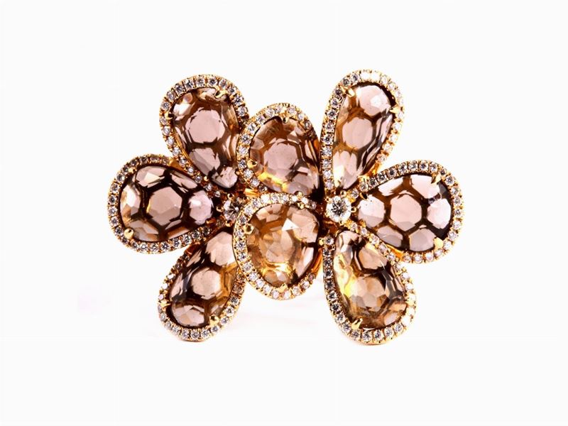 Anello Fantasia in Oro Rosa con Diamanti e Quarzi Fumé