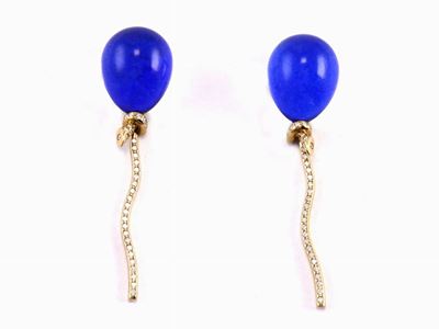 Orecchini Vhernier Modello Palloncino in Oro Giallo, Diamanti, Lapislazzuli e Cristallo di Rocca