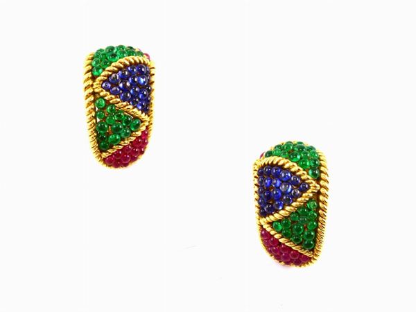 Yellow gold Sabbadini earrings with rubies, sapphires and emeralds