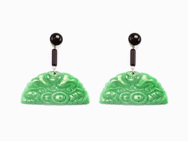 White gold ear pendants with diamonds, onyx and carved jadeite