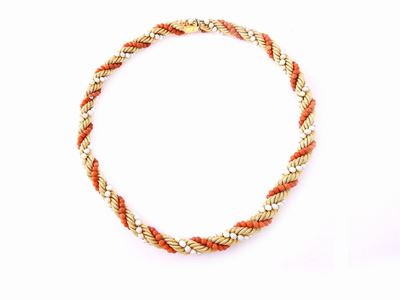 Girocollo in Oro Giallo, Coralli Arancio e Perle