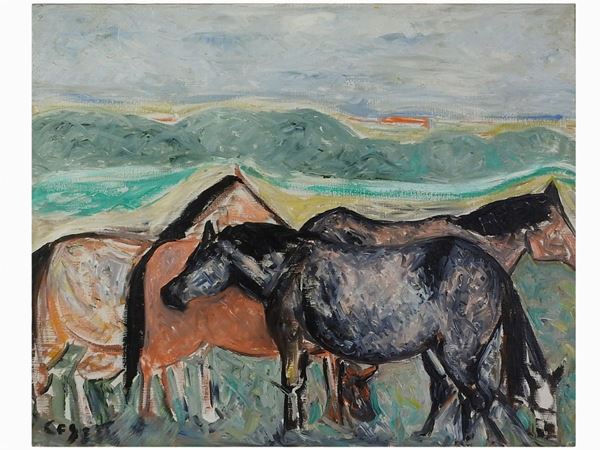 Giuseppe Cesetti : Horses  ((1902-1990))  - Auction The Riz Ortolani and Katyna Ranieri collection: Contemporary Art and Old Master Painting - I - I - Maison Bibelot - Casa d'Aste Firenze - Milano